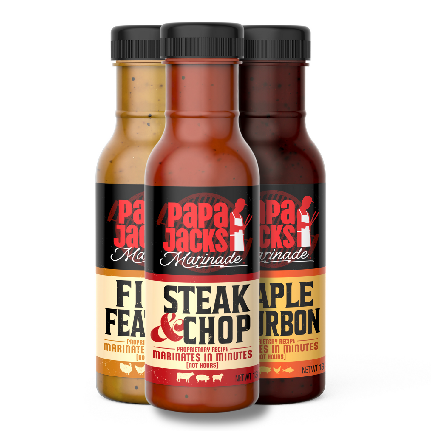 Three bottles of Papa Jacks Marinades: Fin & Feather, Steak & Chop, and Maple Bourbon, arranged side by side. The Fin & Feather bottle features a citrus and herb-inspired label, representing its zesty, herbaceous flavor for poultry and seafood. The Steak & Chop bottle has a bold, smoky design, emphasizing its rich seasoning blend for steaks, chops, and hearty meats. The Maple Bourbon bottle showcases warm, rustic tones, highlighting its smooth, caramelized sweetness infused with bourbon and maple.