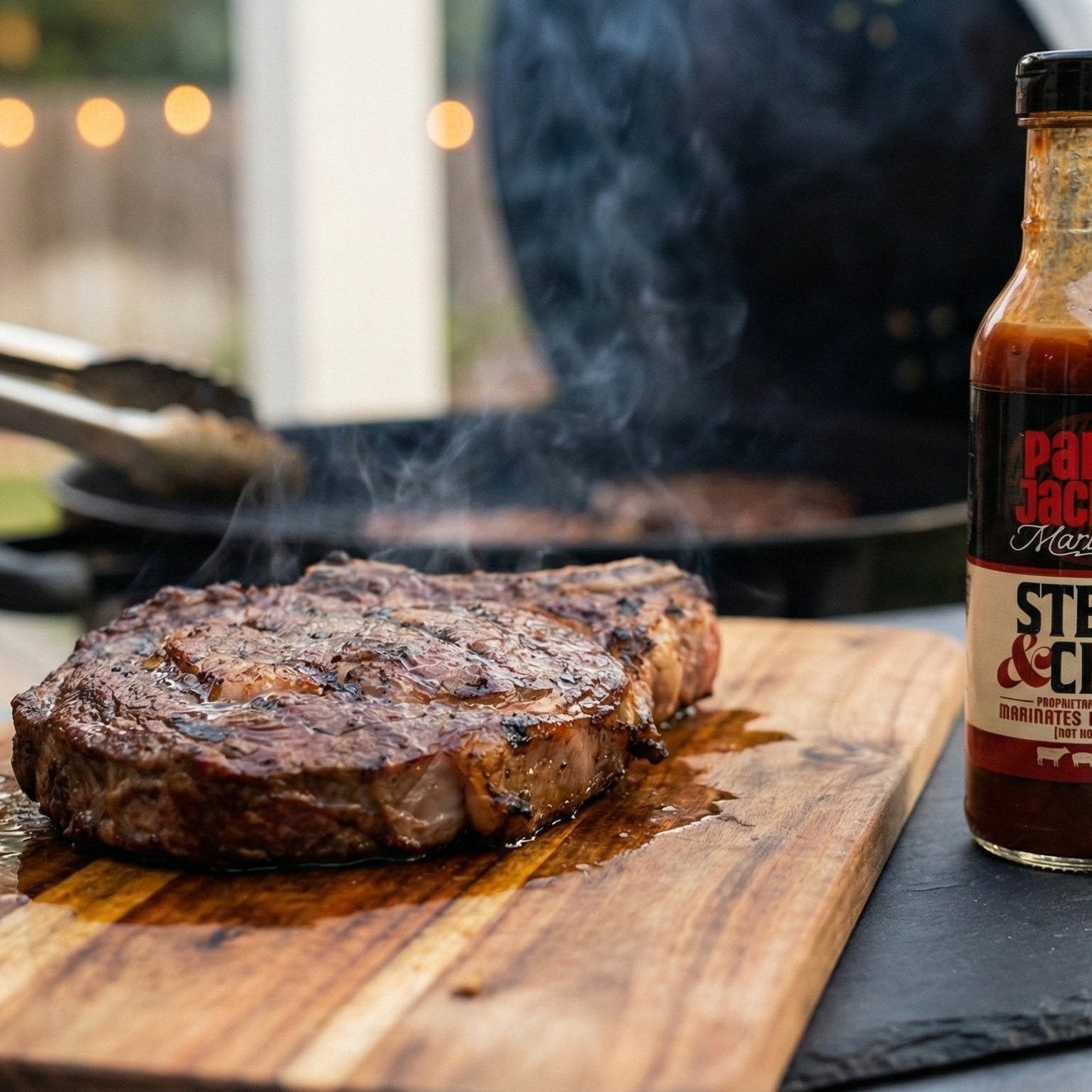 Steak on a cutting board with a bottle of steak sauce next to it, outdoors.