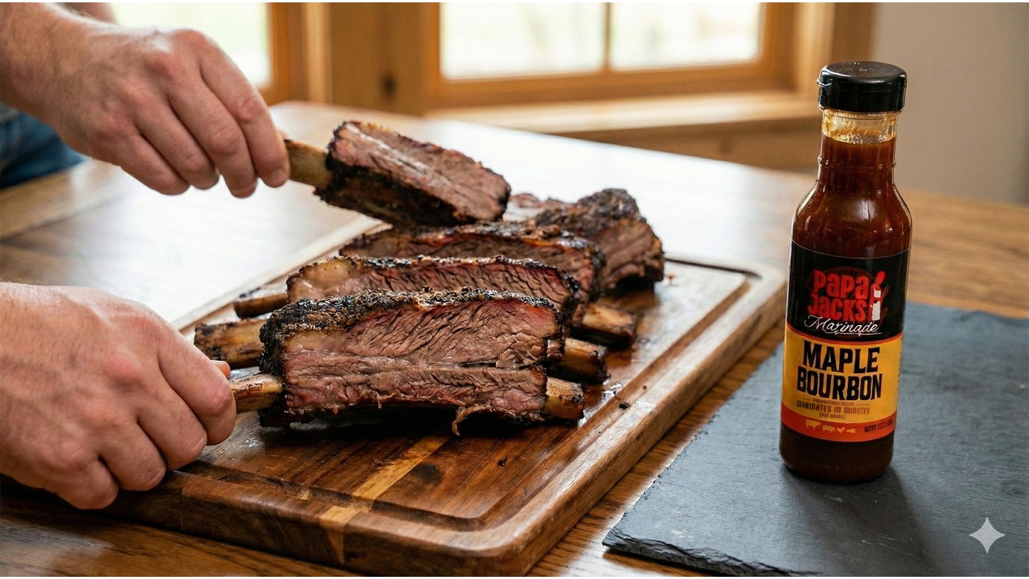 Person cutting ribs on a wooden board with a bottle of Papas Ribs Maple Bourbon sauce nearby.