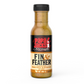 A bottle of Papa Jack's Marinades with the label reading "Fin & Feather" in bold letters. The bottle is light yellow with visible seasoning flecks, topped with a black cap. The label features a black and cream design with accents of orange, and the tagline reads, "Proprietary Recipe, Marinates in Minutes," with small icons of fish and poultry below.