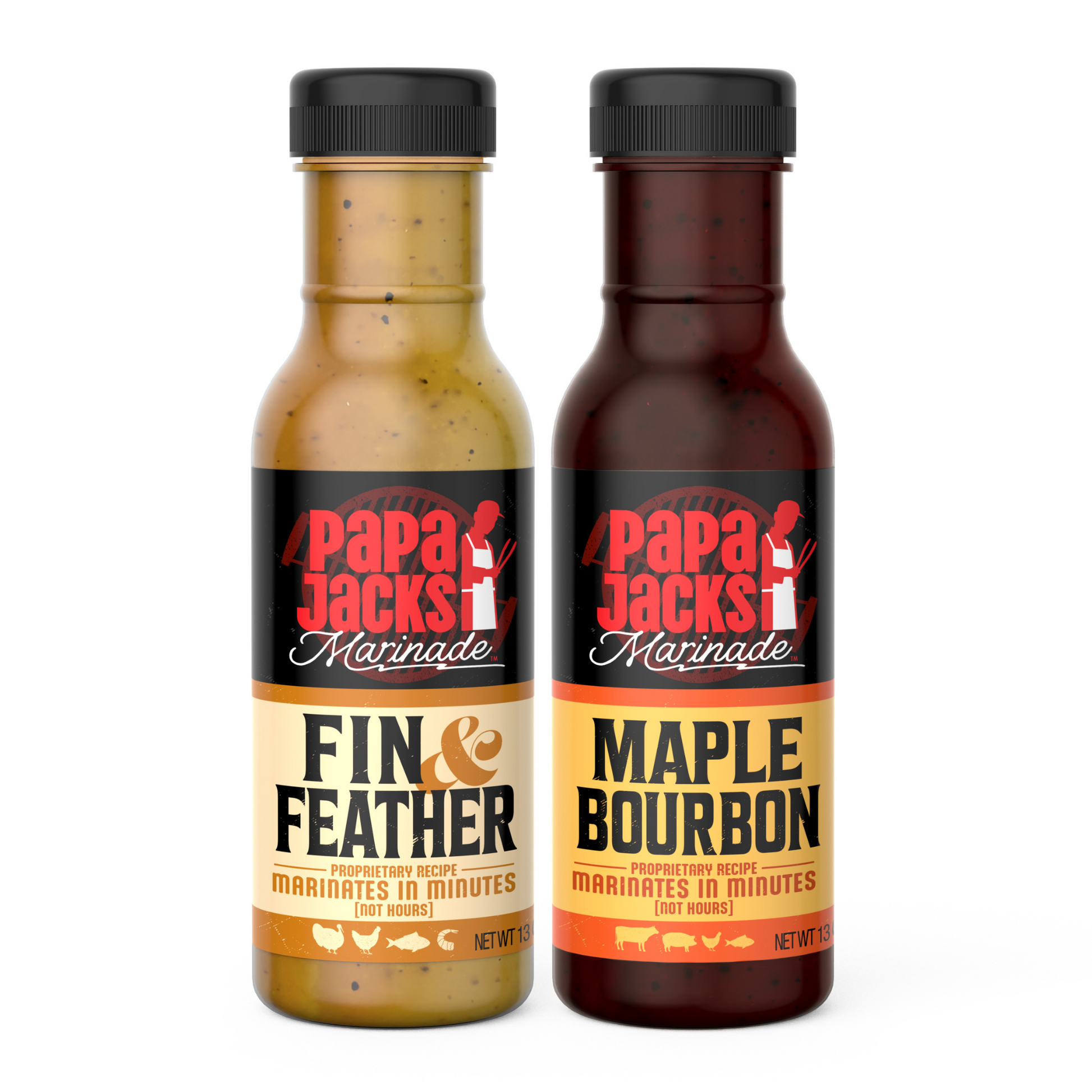Two bottles of Papa Jacks Marinades: Fin & Feather and Maple Bourbon, positioned side by side. The Fin & Feather bottle features a label with citrus and herb imagery, representing its zesty, herbaceous flavor perfect for poultry and seafood. The Maple Bourbon bottle showcases warm, rich tones with hints of maple and bourbon, highlighting its smooth, caramelized sweetness ideal for grilling and glazing. Both bottles have a rustic, handcrafted design, offering a balanced blend of citrus and smoky flavor.