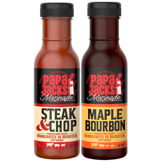 Two bottles of Papa Jacks Marinades: Steak & Chop and Maple Bourbon, placed side by side. The Steak & Chop bottle features a bold, smoky label, highlighting its rich seasoning blend perfect for steaks, chops, and hearty meats. The Maple Bourbon bottle has warm, rustic tones, emphasizing its smooth, caramelized sweetness infused with bourbon and maple. Together, this duo delivers a perfect balance of smoky, savory depth and sweet, rich flavor for grilling, roasting, and barbecue dishes.