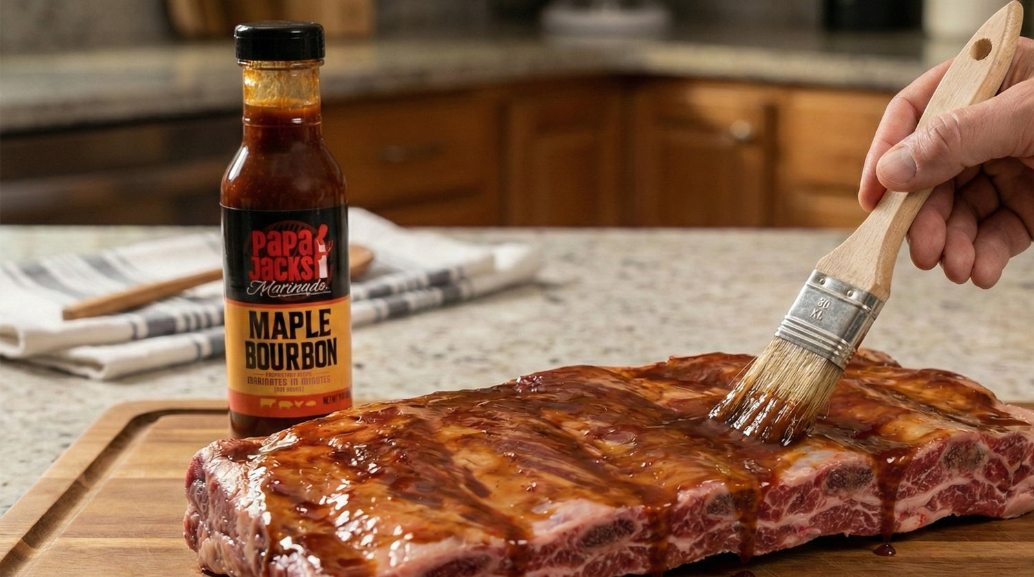 Person brushing ribs with barbecue sauce next to a bottle of Pappy Van Winkle's Maple Bourbon barbecue sauce.