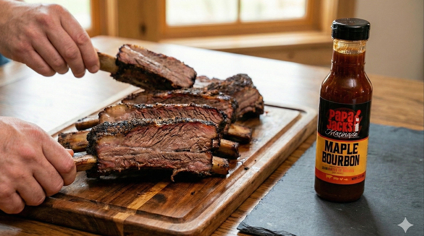 Person cutting ribs on a wooden board with a bottle of Pappy Van Winkle's Maple Bourbon nearby.
